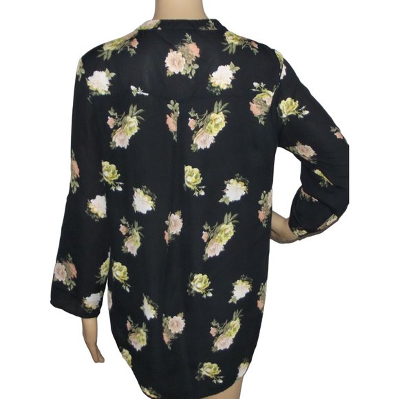 Rue21 Blouse Sz Medium black floral tunic zipper v-neck Pockets roll tab sleeve - Picture 8 of 11